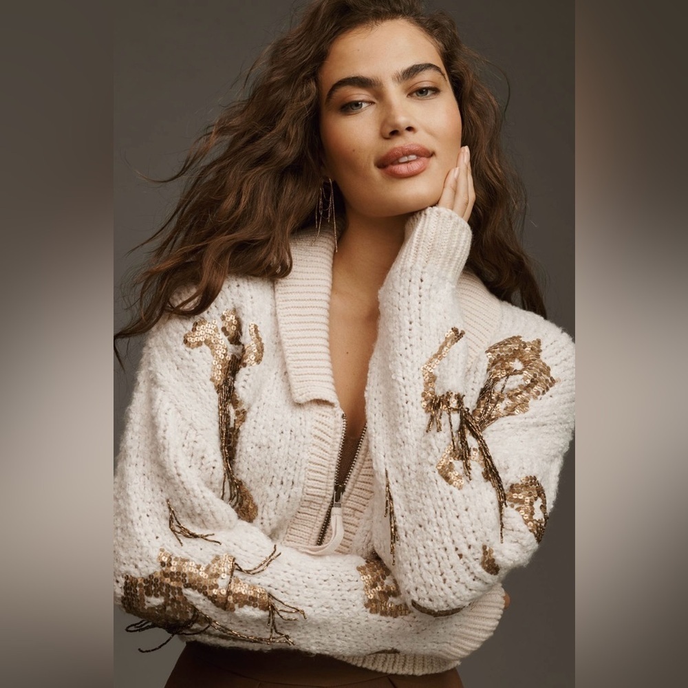 RARE ANTHROPOLOGIE NWT Sequin Cropped Cardigan Sweaterin Neutral-Size XS - Picture 2 of 13